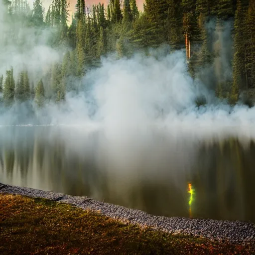 Image similar to rainbow neon sign half circle in water reflected on misty mountain lake at midday, surrounded by beautiful forest, sunny summertime sunlit daylight, twisting smoke bomb, hdr, smoke on water, 4 k, award winning photography, volumetric lighting, artstation