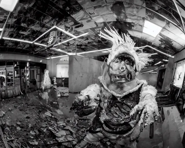 Image similar to camera footage of a extremely aggressive Vomiting Ronald McDonald with a knife and glowing white eyes, False Human Features, in an abandoned shopping mall, Psychic Mind flayer, Terrifying, Insane Ronald McDonald :7 , high exposure, dark, monochrome, camera, grainy, CCTV, security camera footage, timestamp, zoomed in, Feral, fish-eye lens, Fast, Radiation Mutated, Nightmare Fuel, Ancient Evil, No Escape, Motion Blur, horrifying, lunging at camera :4 bloody dead body, blood on floors, windows and walls :5