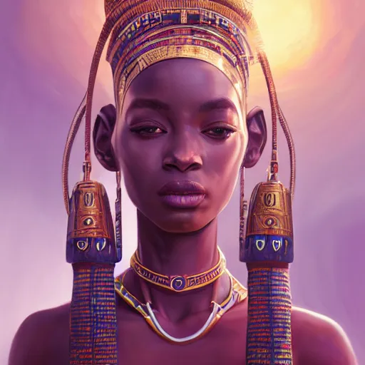 Image similar to highly detailed portrait of an african egyptian goddess, intricate alien technology, stephen bliss, unreal engine, fantasy art by greg rutkowski, loish, rhads, ferdinand knab, makoto shinkai and lois van baarle, ilya kuvshinov, rossdraws, tom bagshaw, global illumination, radiant light, detailed and intricate environment