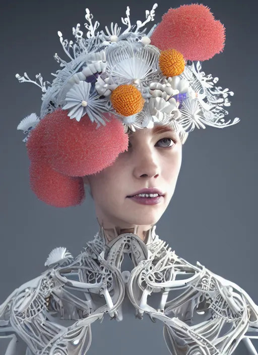 Prompt: beautiful stunning biomechanical woman portrait with a smooth porcelain ivory profile face, futuristic haute couture, iris van herpin, headdress made of daisies, sponge corals, mushrooms, colorful puffballs, rhizomorphs, brackets, white mecha, laser cut paper lace collar, octane highly render, 8 k, epic lighting