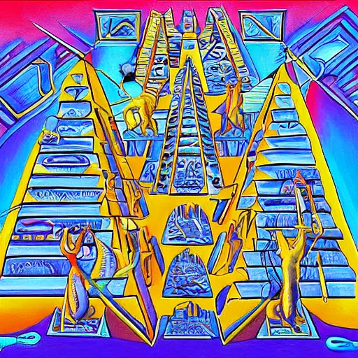 Image similar to cat aliens building the pyramids of giza painting alex grey style