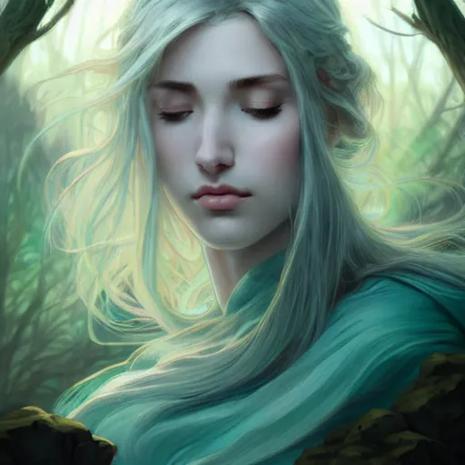 Prompt: knight, lying down on rock, white grey blue green color palette, eyes closed, forest, female, d & d, fantasy, intricate, elegant, highly detailed, long silver hair, digital painting, artstation, octane render, concept art, matte, sharp focus, illustration, hearthstone, art by artgerm, alphonse mucha johannes voss