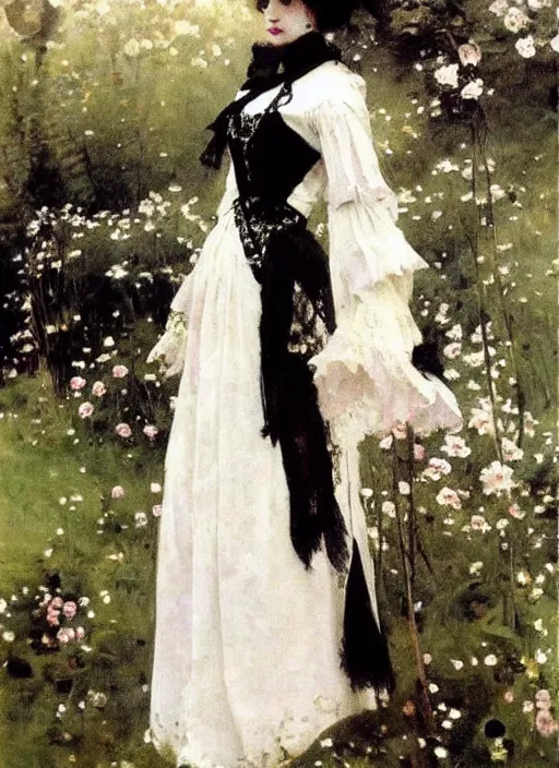 Image similar to gothic princess in baroque dress in a scenic environment. by anders zorn * *