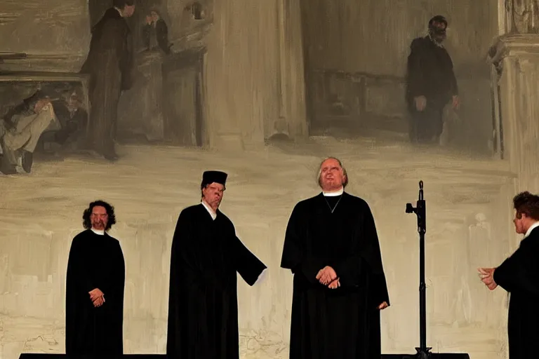 Image similar to a man in black robes interrupts a a dark convention stage podium, under the spotlight by joaquin sorolla, roger deakins, cinematography