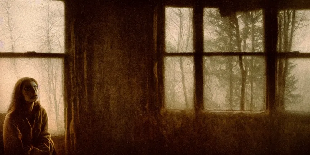 Image similar to portrait bust of young woman, tired expression, faded color film, russian cinema, tarkovsky, kodachrome, inside old cabin, next to window, heavy forest outside, long brown hair, old clothing, heavy fog, brown color palette, sunset, low light, hudson river school, 4 k, dramatic lighting, greg rutkowski