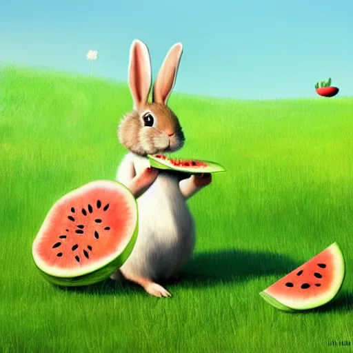 Prompt: a cute rabbit eating watermelon on the green meadow, a storybook illustration by goro fujita