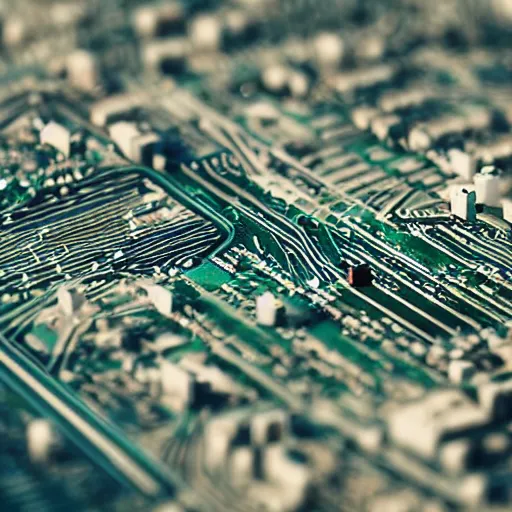 Prompt: tilt-shift photography of a city on a circuit board, highly detailed, 8k, Unreal Engine render