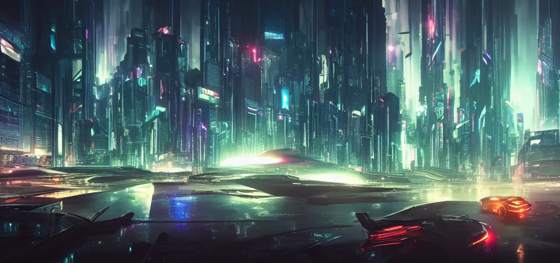 Image similar to view from the edge of a futuristic cyberpunk city at night in rain, refraction, reflection, lens flare, cars flying in the sky distance, symmetry, cinematic lighting, ultra detailed, sharp, ambient occlusion, raytracing, by greg rutowski, paul chadeisson and jessica rossier