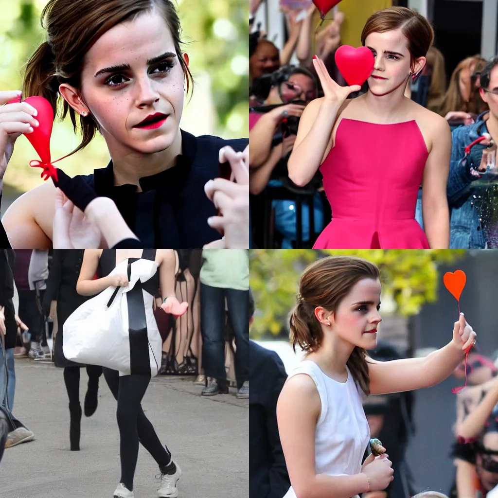 Prompt: Emma Watson inflating a heart balloon