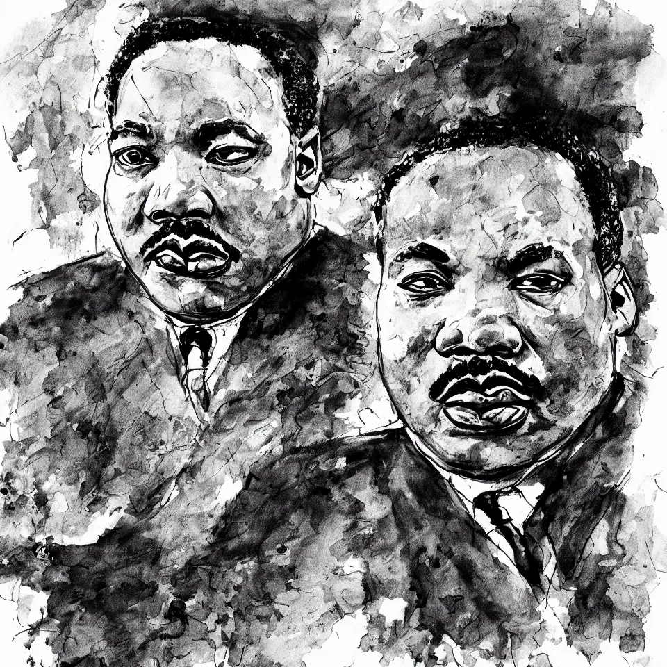 Image similar to A loose messy wild ink sketch portrait of Martin Luther King in the style of Ralph Steadman and Paul Klee, caricature, dramatic