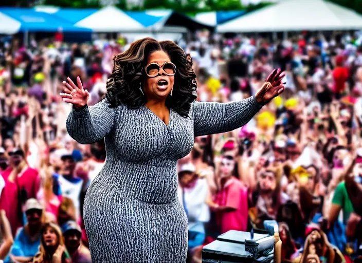 Image similar to photo still of oprah winfrey on stage at the vans warped tour 2 0 1 8!!!!!!!! at age 3 6 years old 3 6 years of age!!!!!!!! tossing bags of money into the crowd, 8 k, 8 5 mm f 1. 8, studio lighting, rim light, right side key light