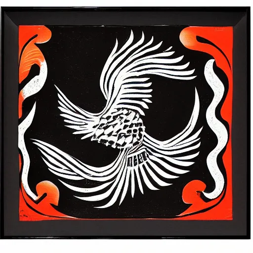 Image similar to a bird rising above the flames, mexican folk art, native american folk art, relief engraving, framed art, very simple, extremely abstract, deep black shading, mild expressionism, award winning