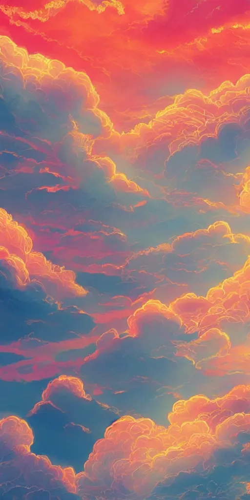 Image similar to A beautiful illustration of beautiful burning cloud in the evening sky, breathtaking clouds, The cloud is ethereal and mystical, and it seems to be glowing from within, buildings, trees, birds, iridescent, black, dark, pink, golden, red, orange, wide angle, by makoto shinkai, Wu daozi, very detailed, deviantart, 8k vertical wallpaper, tropical, colorful, airy, anime illustration, anime nature wallpap