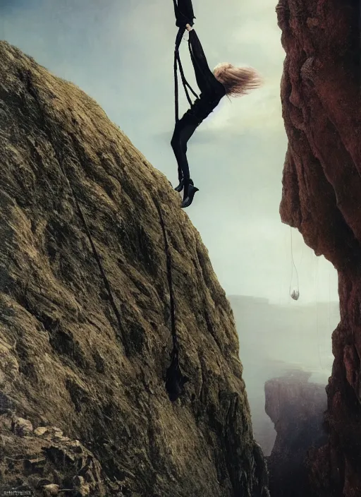 Prompt: action shot of Nicole Kidman hanging from a cliff face, Les Edwards, Zdzislaw Beksinski, Carl Gustav Carus, John Harris, Michal Karcz, Zhang Kechun, Mikko Lagerstedt, Scott Listfield, Steven Outram, Jessica Rossier