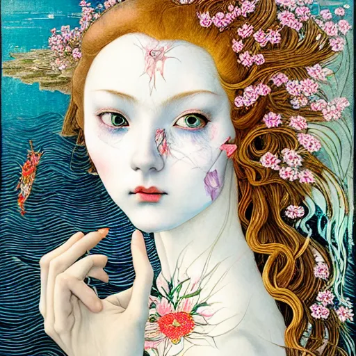 Image similar to prompt: beautiful girl in lake with light up face painted in Botticelli style drawn by Vania Zouravliov and Takato Yamamoto, nymph in the water, small flowers around and on the side, intricate oil painting, high detail, Neo-expressionism, post-modern gouache marks on the side, gnarly details soft light, white background, intricate detail, intricate ink painting detail, sharp high detail, manga and anime 2000