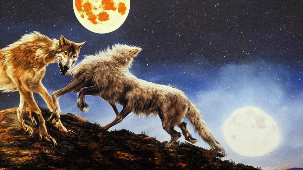 Prompt: epic oil painting of a close up of a highly detailed David Bowie riding a (wolf) at night, on top of a large cliff, with the full moon in the background, highly detailed