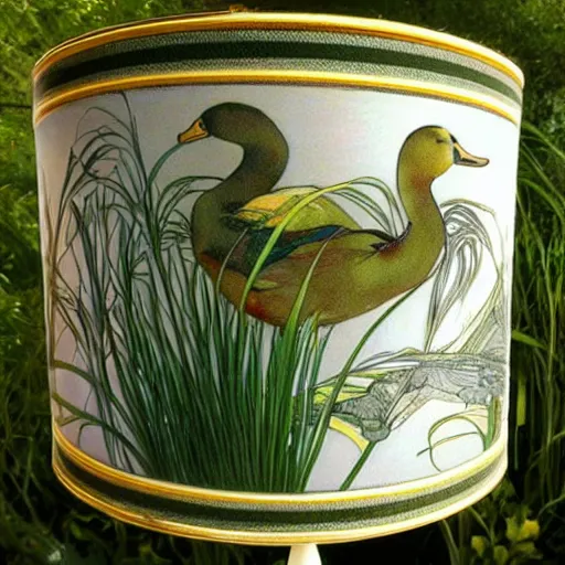 Image similar to beautiful victorian art nouveau duck lampshade, river reeds duckweeds close up abstract mallard feathers, mucha tiffany kilian eng