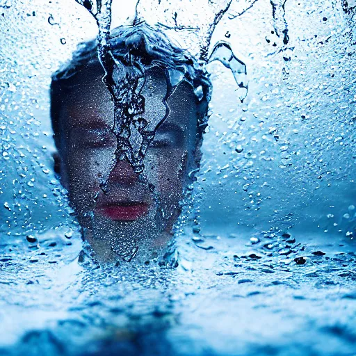 Image similar to water splashes forming a shape of a human head, water manipulation art, ray tracing, realistic water sharp focus, long shot, 8 k resolution, cinematic