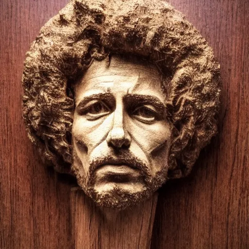 Image similar to accurate sculpture portrait of a bob dylan, symmetrical face, carved out of red oak wood on a pedestal art by vincent van gogh, dramatic lighting, artsy, 8 k