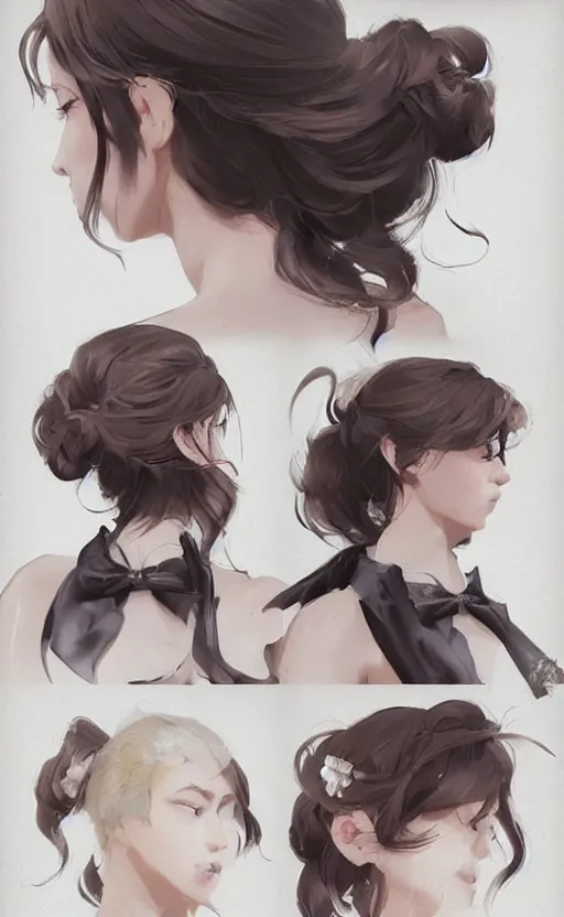 Prompt: beautiful hairstyle with a few pearls, tied with a white bow, pinterest hair picture, back of the hair, hair is the focus, In style of Yoji Shinkawa, krenz cushart, Greg Rutkowski, highly detailed