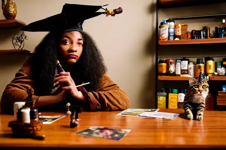 Image similar to 2 0 2 2 photo, close up portrait, dramatic lighting, concentration, calm confident african american teen witch and her cat, tarot cards displayed on the table in front of her, sage smoke, magic wand, a witch hat and cape, apothecary shelves in the background, alphonse mucha