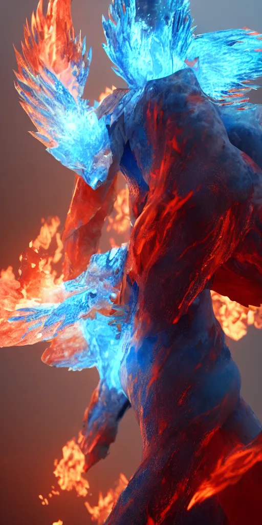 Image similar to an angel of fire and ice, fire wings, icy body, high definition, 8k, octane render, cinematic, mist, intricate, ultra detailed