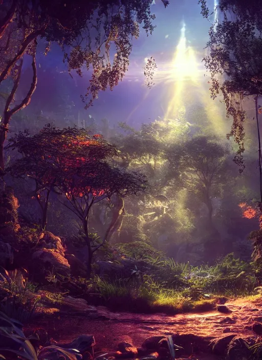 Image similar to beauteous sumptuous, with incredible indirect soft cinematic lighting, garden of eden, crystalline masterpiece incrustations, hyperdetailed features, movie still, intricate, octane render, cinematic forest lighting, unreal engine, crepuscular rays, god rays