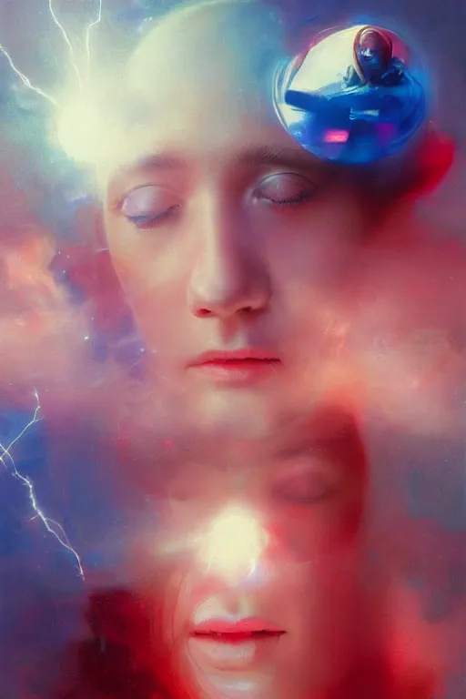 Image similar to 3 d, sci - fi, morning, sleepy fashion model face, sun, cinematic, lightning clouds, vogue cover style, light red and deep blue mood, realistic painting, intricate oil painting, high detail, figurative art, multiple exposure, poster art, 3 d, by stanley kubrick and tooth wu and wlop and beeple and greg rutkowski