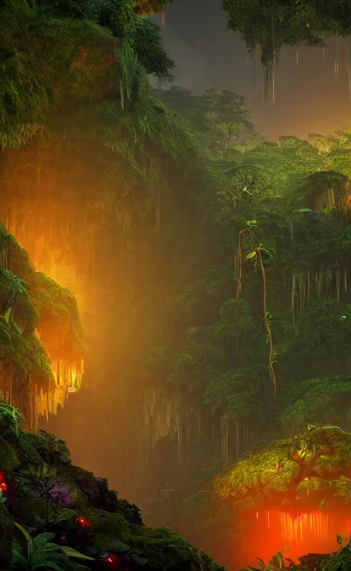 Image similar to a beautiful render of a dark prehistoric rainforest in a humongous cave, lush flora, patches of yellowish - orange, red, magenta sky, sunset, floating mountains and a waterfall in the background, intricate detail, hazy, humid, volumetric lighting, 8 k, photorealistic, raytracing effects, unreal engine 5