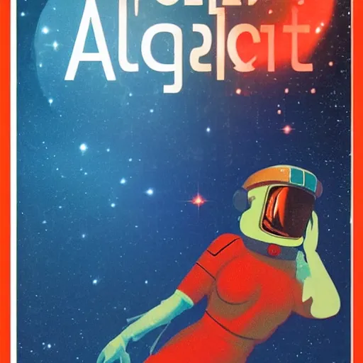 Prompt: vintage sci-fi book cover, a beautiful woman in a spacesuit, warm azure tones, red color bleed, light effects, lit from behind, film grain