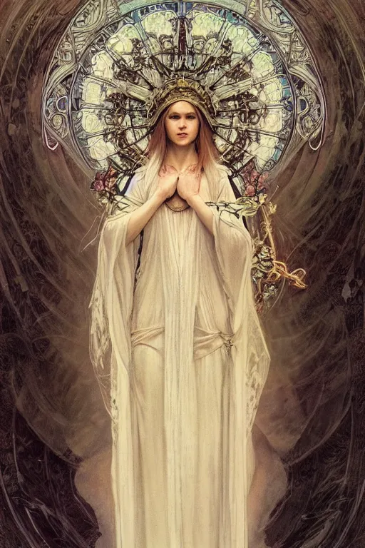 Image similar to a full body portrait of a beautiful ethereal delicate nordic mage queen meditative sacral pose catholic stages of the cross, intricate, elegant, highly detailed, digital painting, artstation, concept art, smooth, sharp focus, illustration, art by krenz cushart and artem demura and alphonse mucha