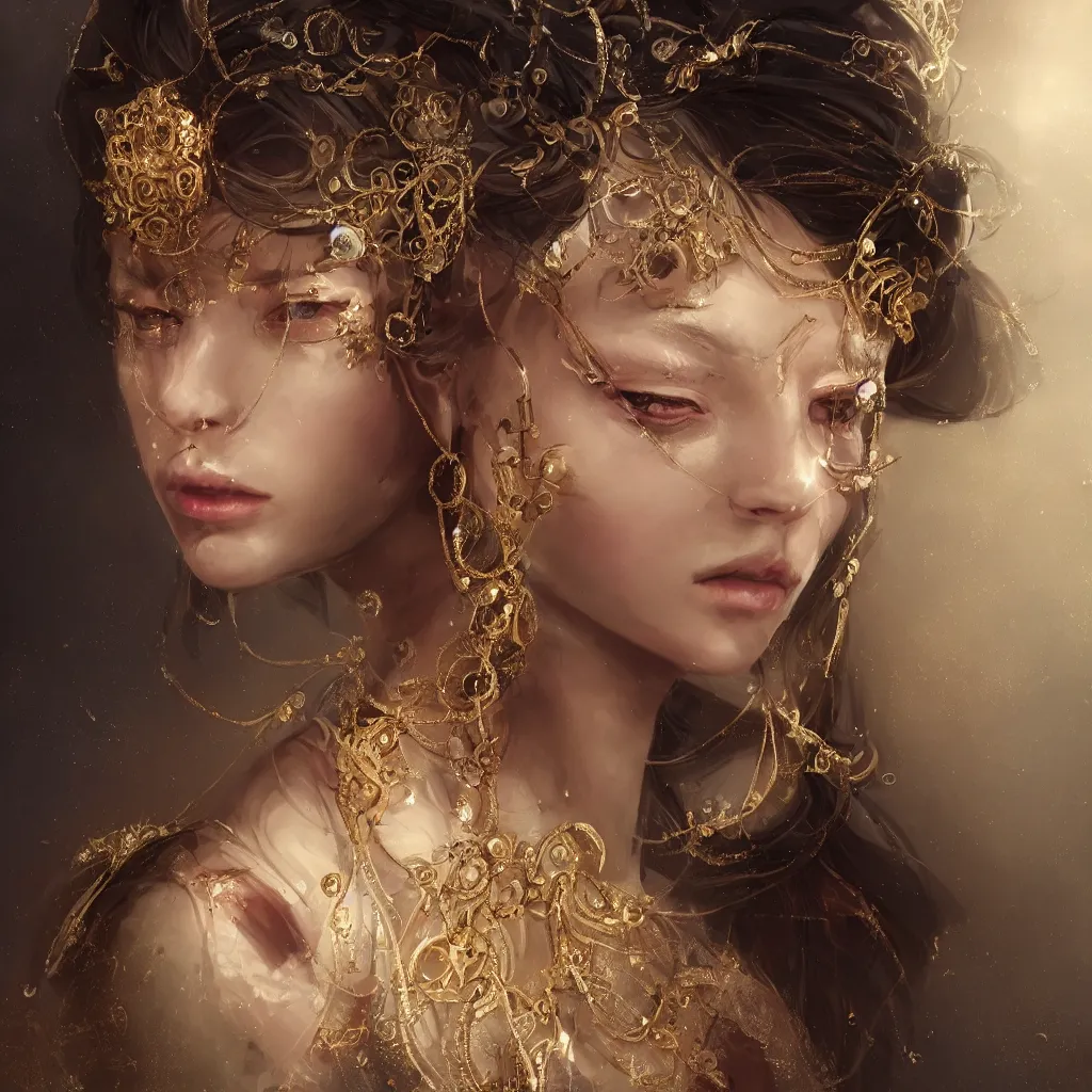 Image similar to realistic character concept, young princess with lots of jewelry in the face, elegant pose, scifi, illustration, slender symmetrical face and body, artstation, cinematic lighting, hyperdetailed, cgsociety, 8 k, high resolution, charlie bowater, tom bagshaw, single face, insanely detailed and intricate, beautiful, elegant, golden ratio, dark fractal background, vfx, postprocessing