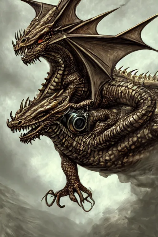 Image similar to hyper realistic dragon lying down with steam punk breathing apparatus on its back, white background, full frame, art byjon foster