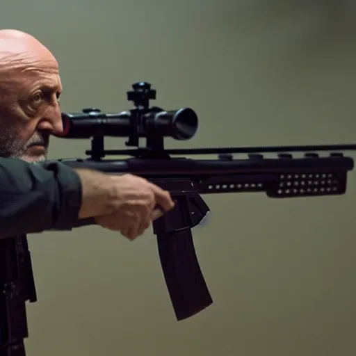 Image similar to Film still of Mike Ehrmantraut aiming with a sniper rifle, 4k, highly detailed