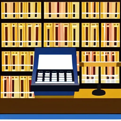 Prompt: cash register in foreground shelves of buliding supplies in the background vector art
