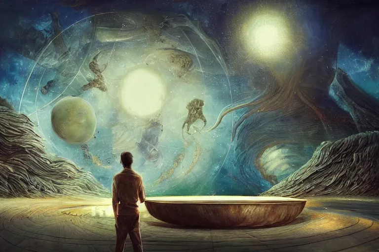 Image similar to Esao Andrews, scifi nightscape, planets, hyperrealistic surrealism, award winning masterpiece with incredible details, epic stunning, physically accurate, moody dynamic lighting, very very intricate, very very elegant, highly detailed, infinity concentric pool, a surreal vaporwave liminal space,very clear view, no grain, highly detailed, trending on ArtStation, artgerm and greg rutkowski and alphonse mucha, daily deviation, IAMAG, in the gross sewer, luminous rocks are like swords, calming, meditative