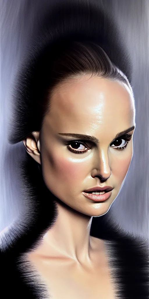Prompt: Natalie Portman, wearing an evening gown, vera wang couture, very detailed portrait, ultrarealistic, dramatic lighting, electrical details, high details, 4k, 8k, best, accurate, trending on artstation, fur, artstation, photorealism, ultrarealistic, digital painting, style of Dali, Caravaggio, Boris Vallejo