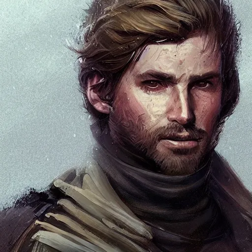 Prompt: portrait of a man by greg rutkowski, cade skywalker, messy blond hair, beard, tall and muscular, star wars expanded universe, he is about 3 0 years old, wearing a flying jacket, distrustful and arrogant, highly detailed portrait, digital painting, artstation, concept art, smooth, sharp foccus ilustration, artstation hq