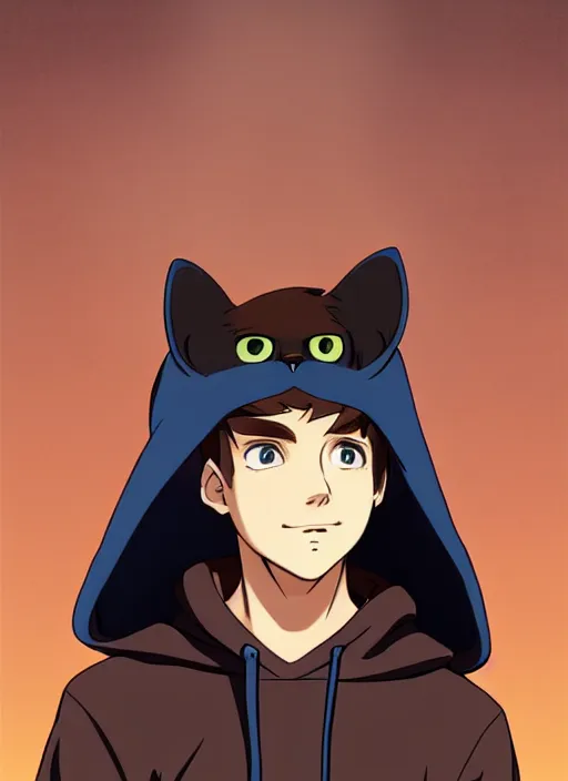 Image similar to teen boy with brown hair and big blue eyes, wearing a black hoodie with cat ears on top of it, natural lighting, path traced, highly detailed, high quality, cartoon, digital painting, by don bluth and ross tran and studio ghibli and alphonse mucha