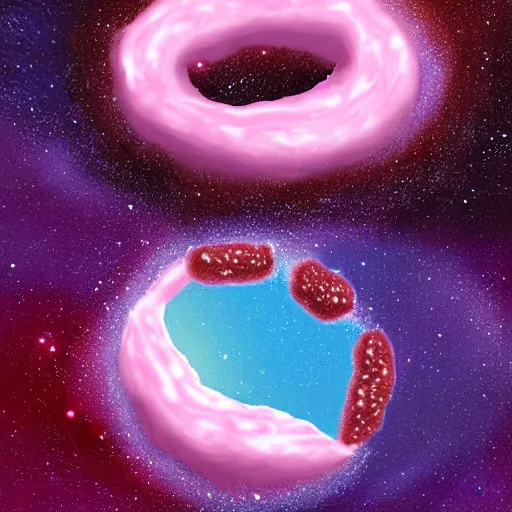 Prompt: an outer space planet that looks like a pink sprinkled donut, realistic fantasy illustration