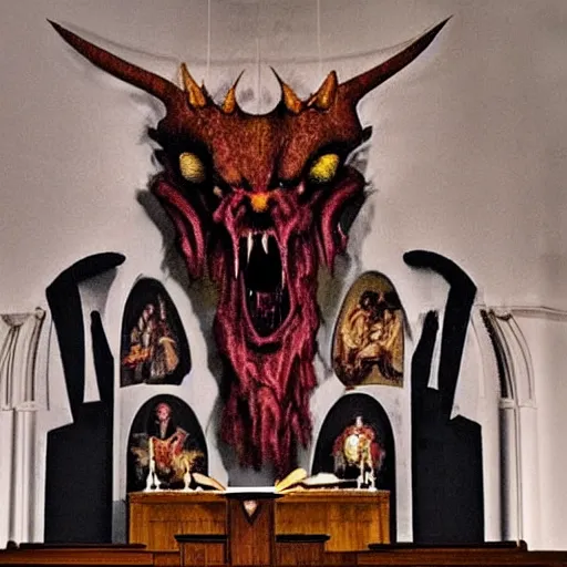 Image similar to satanic demonic creature on a church altar, realistic, horror, evil