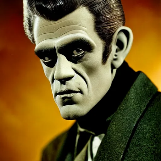 Image similar to portrait of a genetic combination of boris karloff and james dean, handsome frankenstein, cute frankenstein, beautiful frankenstein, smooth frankenstein, beatnik frankenstein, rebel frankenstein, color photography, full color photograph, dynamic lighting, very detailed - h 7 0 4