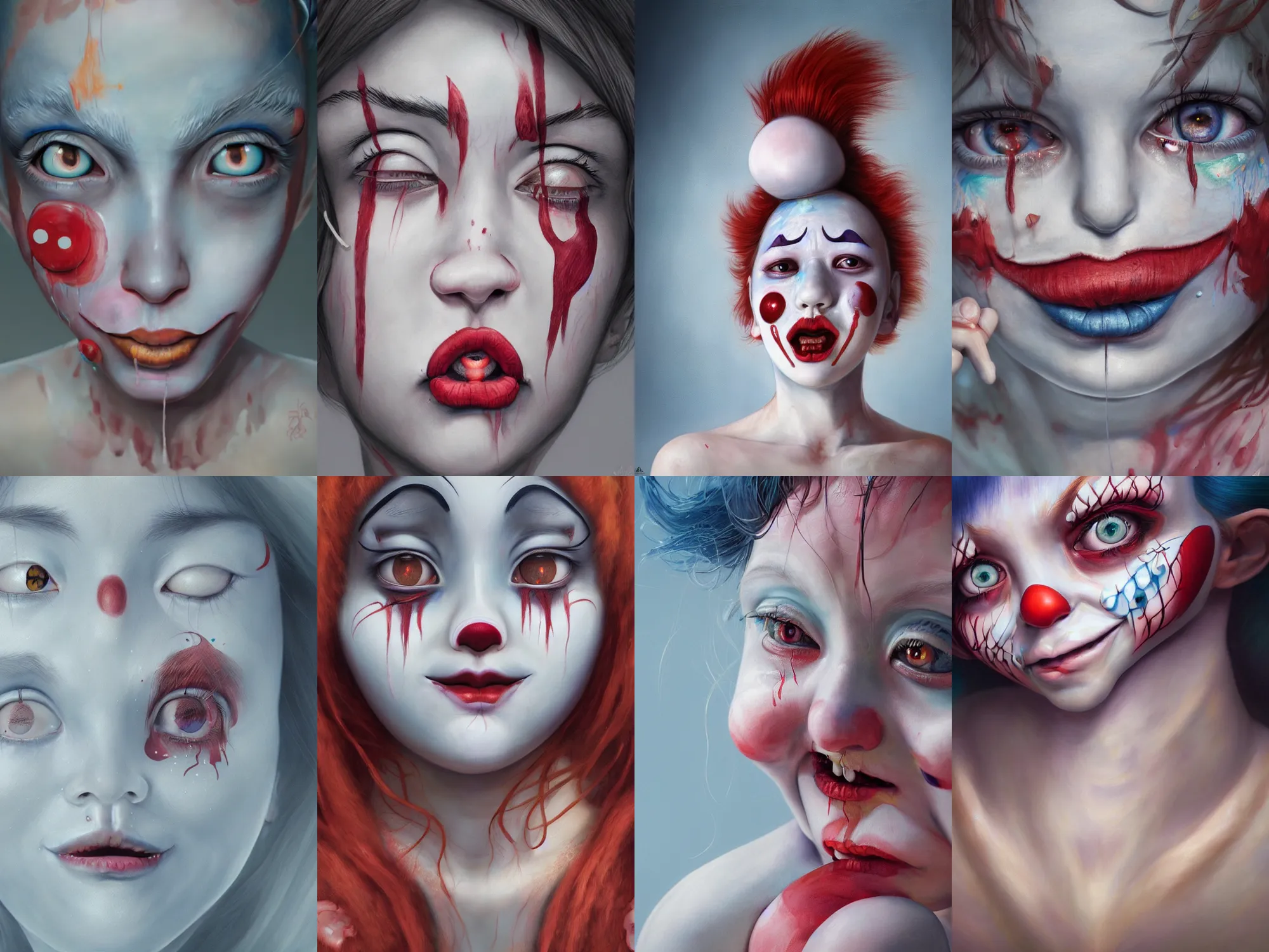 Image similar to detailed painting of clown girl crying, piercing eyes, james jean, miho hirano, hyperrealistic, octane render, ambient light, dynamic lighting