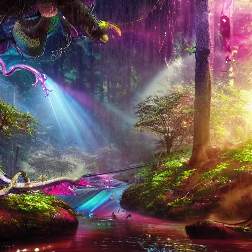 Image similar to Loving romantic drawing of a deep rain forest, light rays from the tree tops, small blue river on the ground, many dancing colorfull squid robots flying around, hypermaximalistic, high details, cinematic, 8k resolution, beautiful detailed, insanely intricate details, artstation trending, octane render, unreal engine