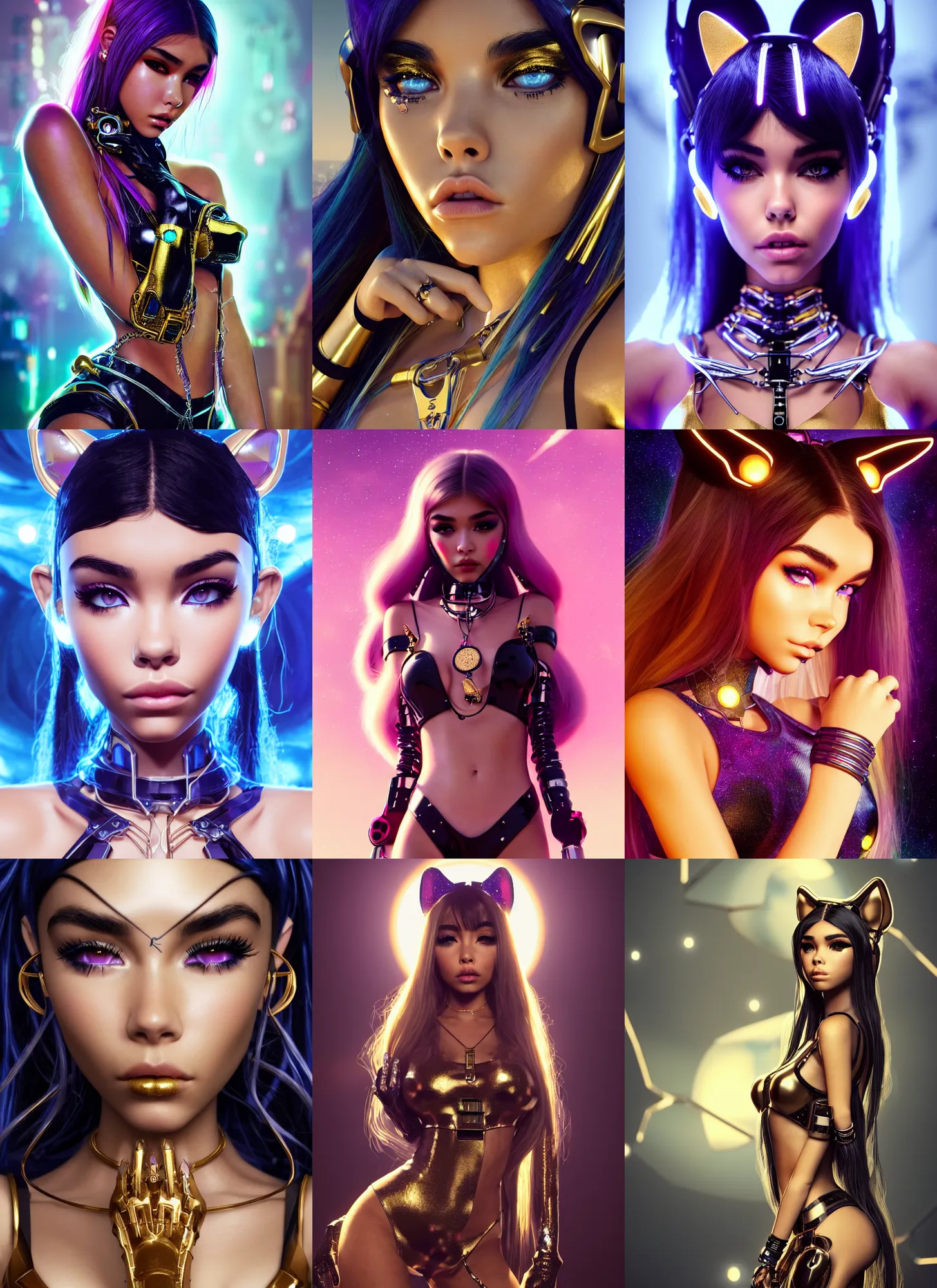 Prompt: madison beer as an edm jewelry catgirl cyborg | sweaty porcelain polished rich enticing ornate modern | weta disney movie still photo | hi - fructose, sci fi fantasy, golden ratio details, smooth, octane render, sharp focus, artstation, concept art, illustration | rutkowski, artgerm, mucha, wlop, loish |