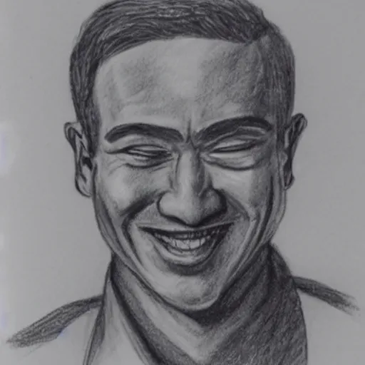 Prompt: police sketch of a man with no eyes and an impossibly wide smile, detailed shading,