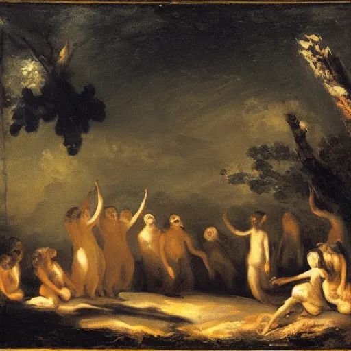 Image similar to goya forest with a cult performing a ritual with a bonfire where a goat flies