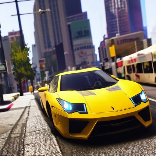 Prompt: still next - gen ps 5 game grand theft auto 6, 2 0 2 4 remaster, gta vi, new york, photorealistic screenshot, unreal engine, 4 k, 5 0 mm bokeh, close - up lamborgini - w 7 0 4 - h 5 1 2 - n 9 - c 9 - s 1 0 0