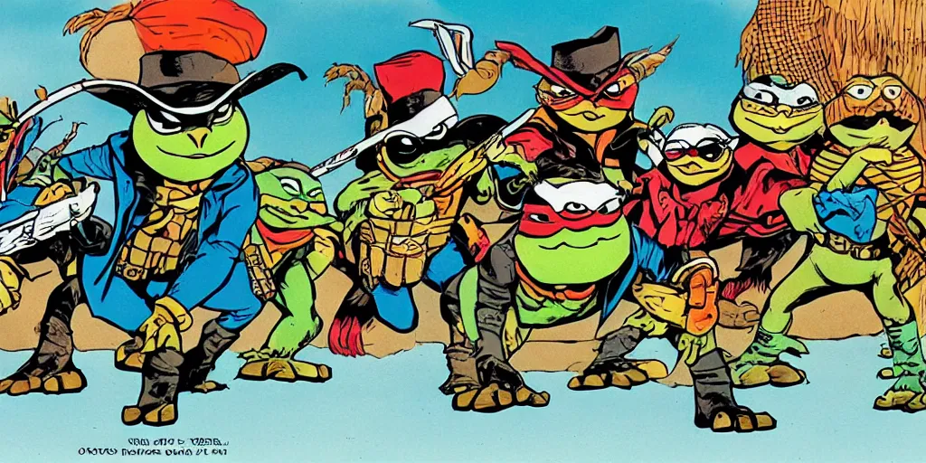 Prompt: saturday morning cartoon shot of an owl dressed as the lone ranger, style of ninja turtles, 1990s