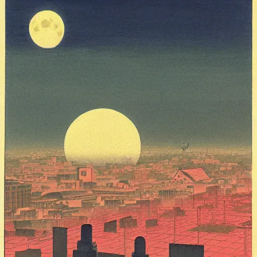 Image similar to full size moon bathing a futuristic Tokyo in light by by Hasui Kawase and Lyonel Feininger